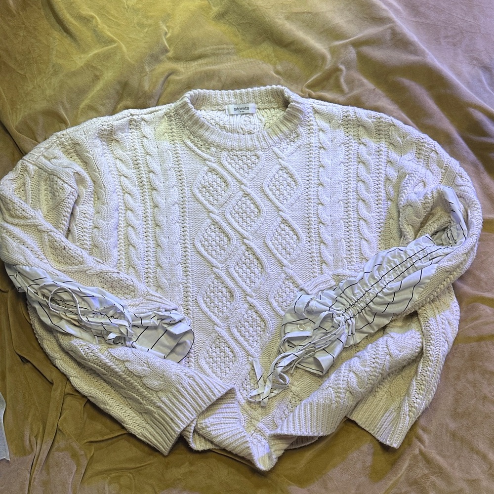 Storets Cream Cable Knit Sweater with Lace-Up Sleeves